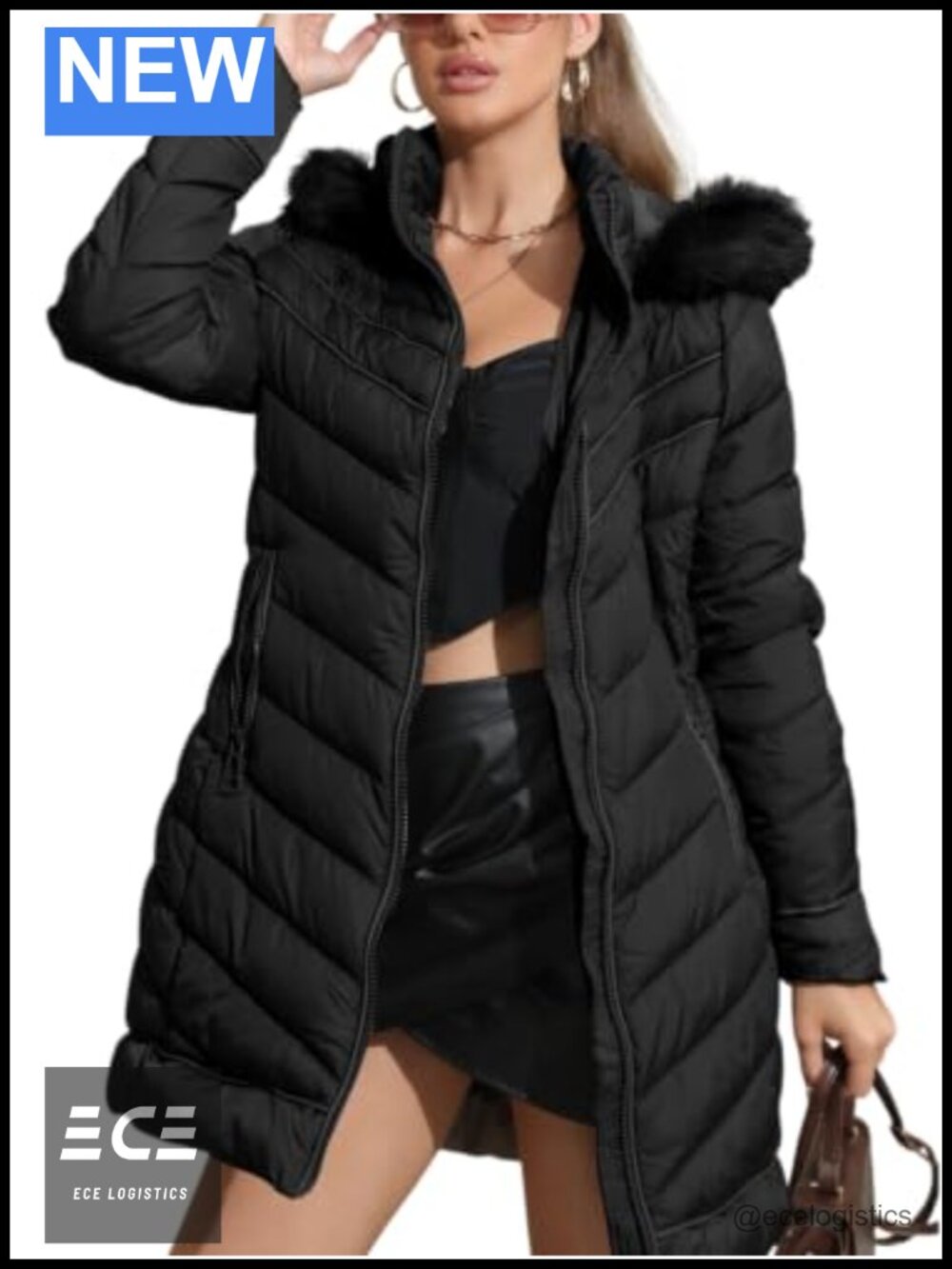 Women's Winter Quilted Puffer Jacket Faux Fur Hood Slim Fit Warm Coat